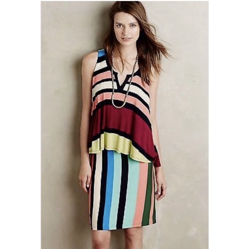 Anthropologie Maeve Davina Dress Striped Sleeveless Layered Colorful Rainbow MED